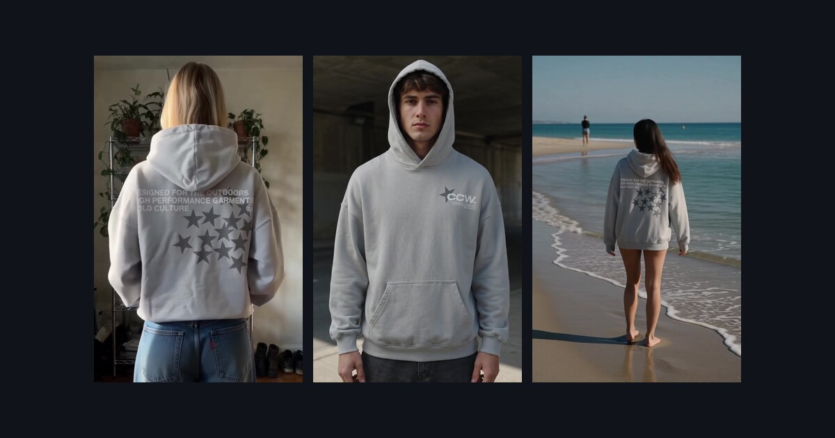 Three frames from the Cold Culture spec campaign: an apartment back print, a hooded chest-mark close in an underpass, and a walk at the waterline