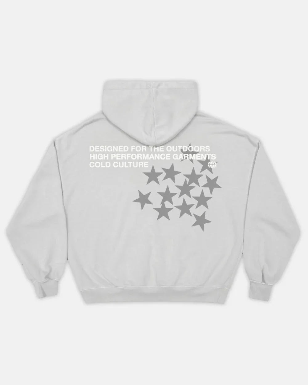 Source photograph: back flat of the same hoodie showing the three-line back print and scattered star cluster
