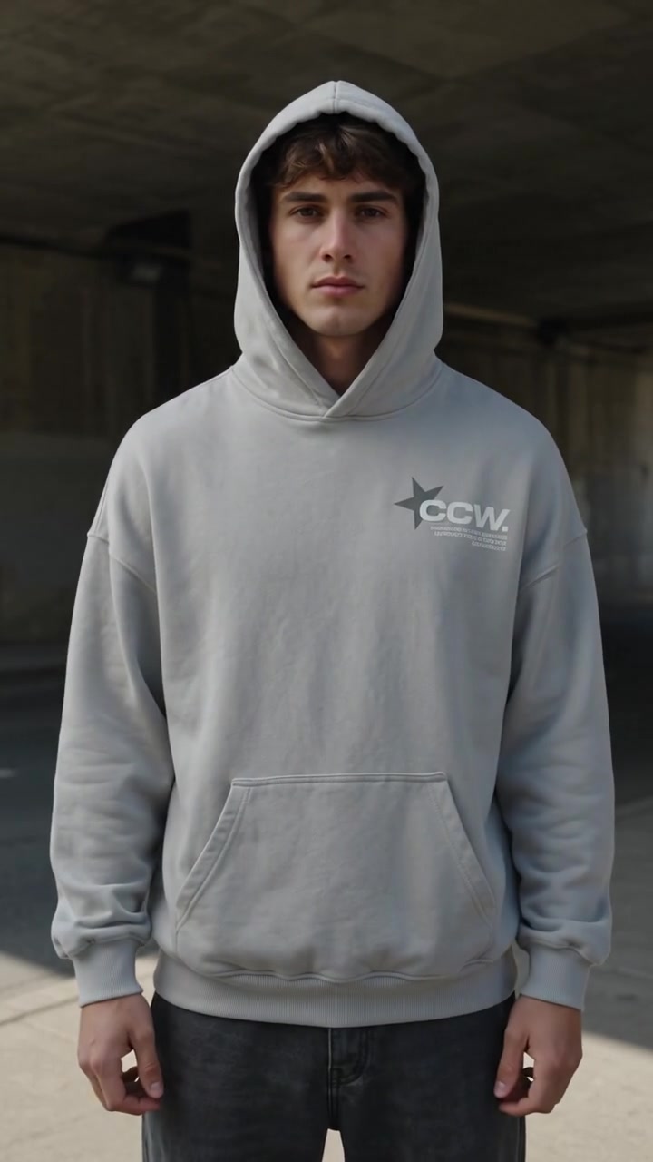 Held final frame from film one: the wearer square to camera in the underpass, hood up, the star and CCW chest mark reading under a raking key from frame left
