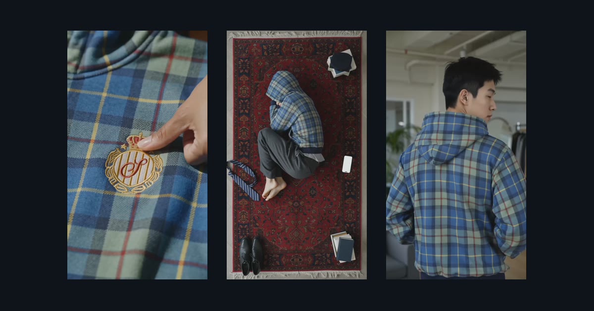 Three frames from the Shinzo spec campaign: crest macro, locked overhead on a Persian rug, back-panel look