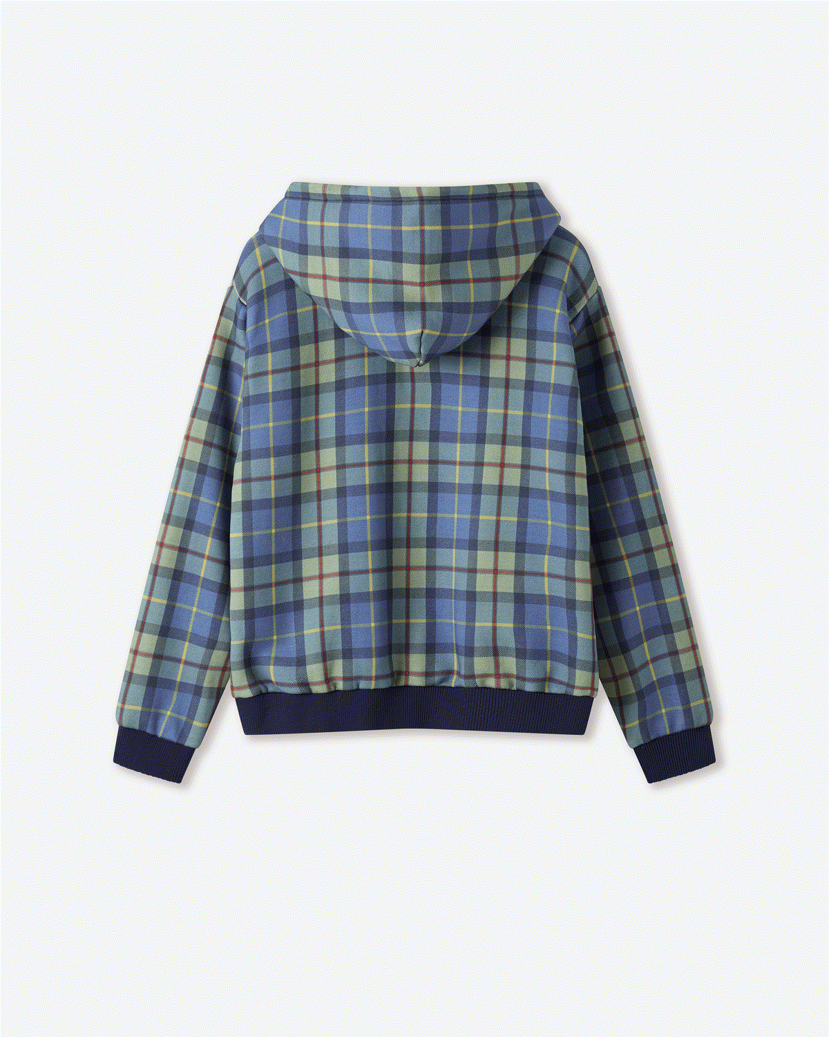 Source photo two: back flat of the same hoodie showing the double-layered hood and back panel plaid