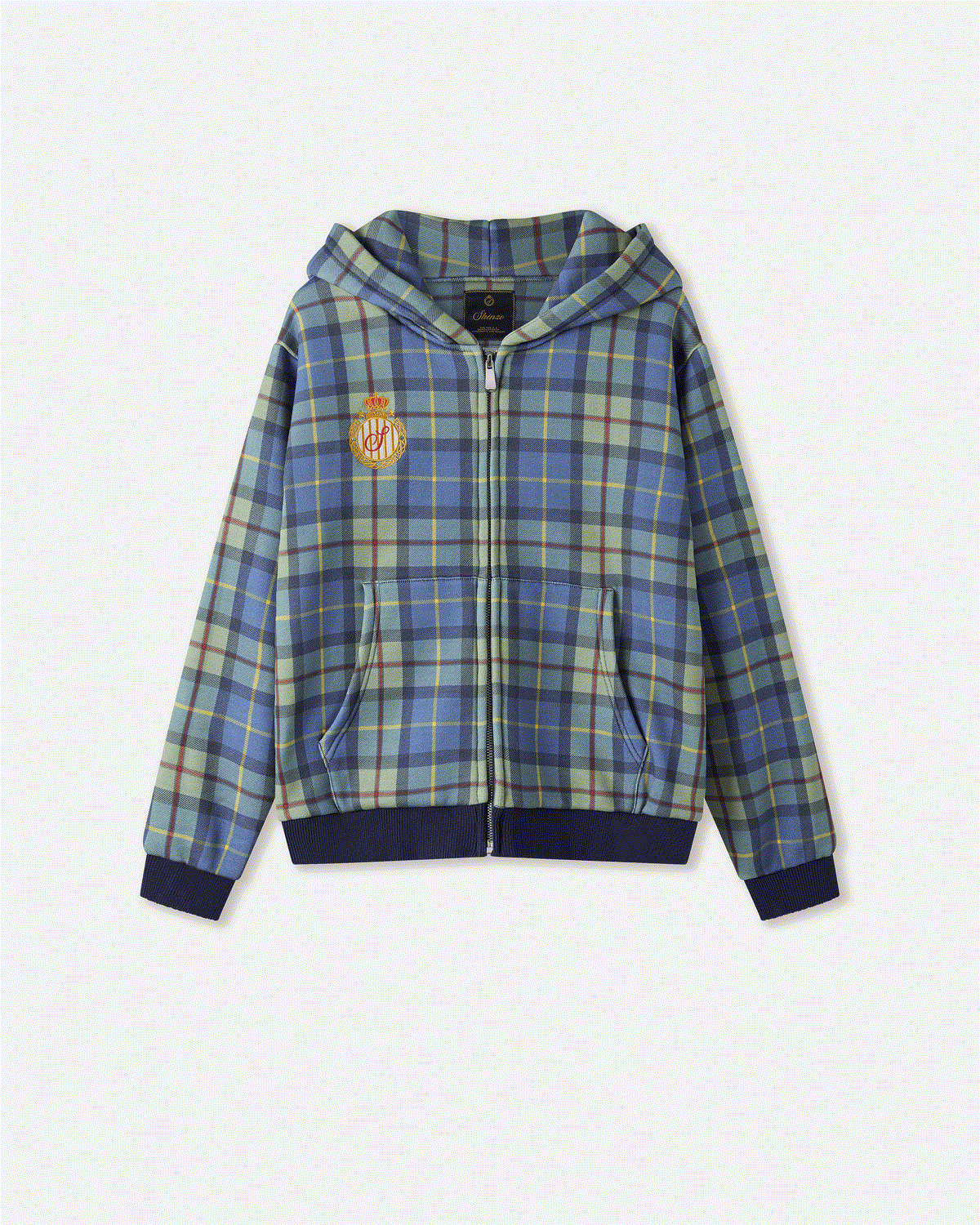 Source photo one: front flat of the Shinzo Turquoise Plaid Zip Up Hoodie showing crest, two-way zip and split kangaroo pockets