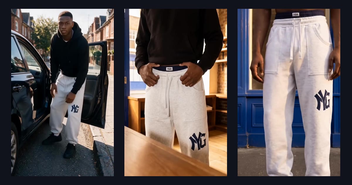 Three frames from the YG Studios spec campaign: an arrival out of a car door, the doubled waistband at a shop counter, and the thigh monogram outside a blue shopfront