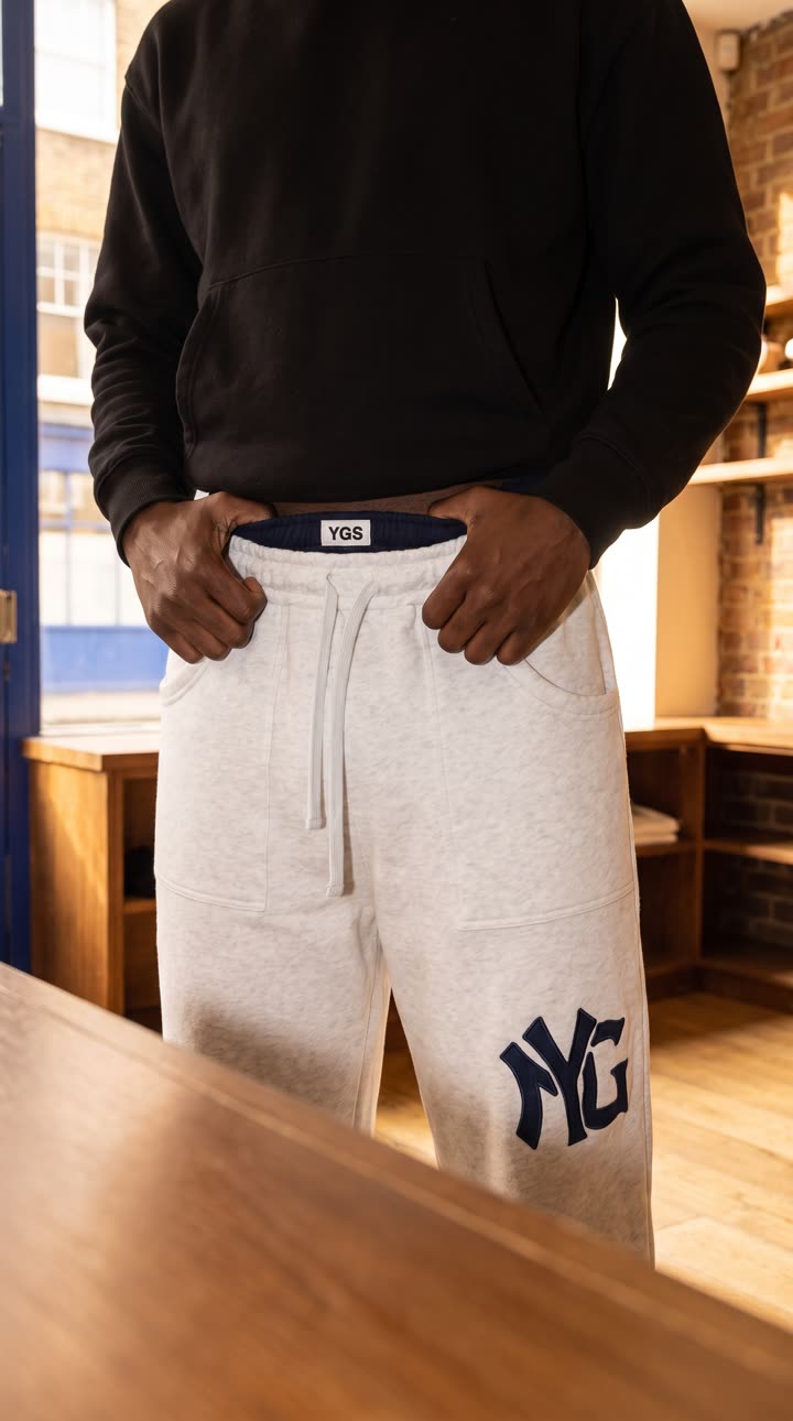 Generated anchor: thumbs drawing the grey band down to expose the navy waistband and its YGS label