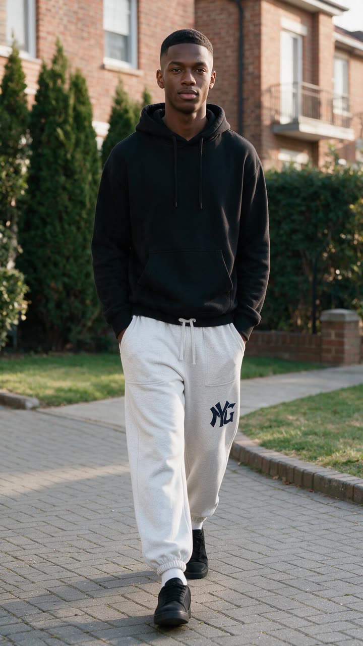 Generated anchor for the opening hook: a low phone-height frame of the wearer mid-stride toward camera on an estate path, cuffs stacked over the sneakers