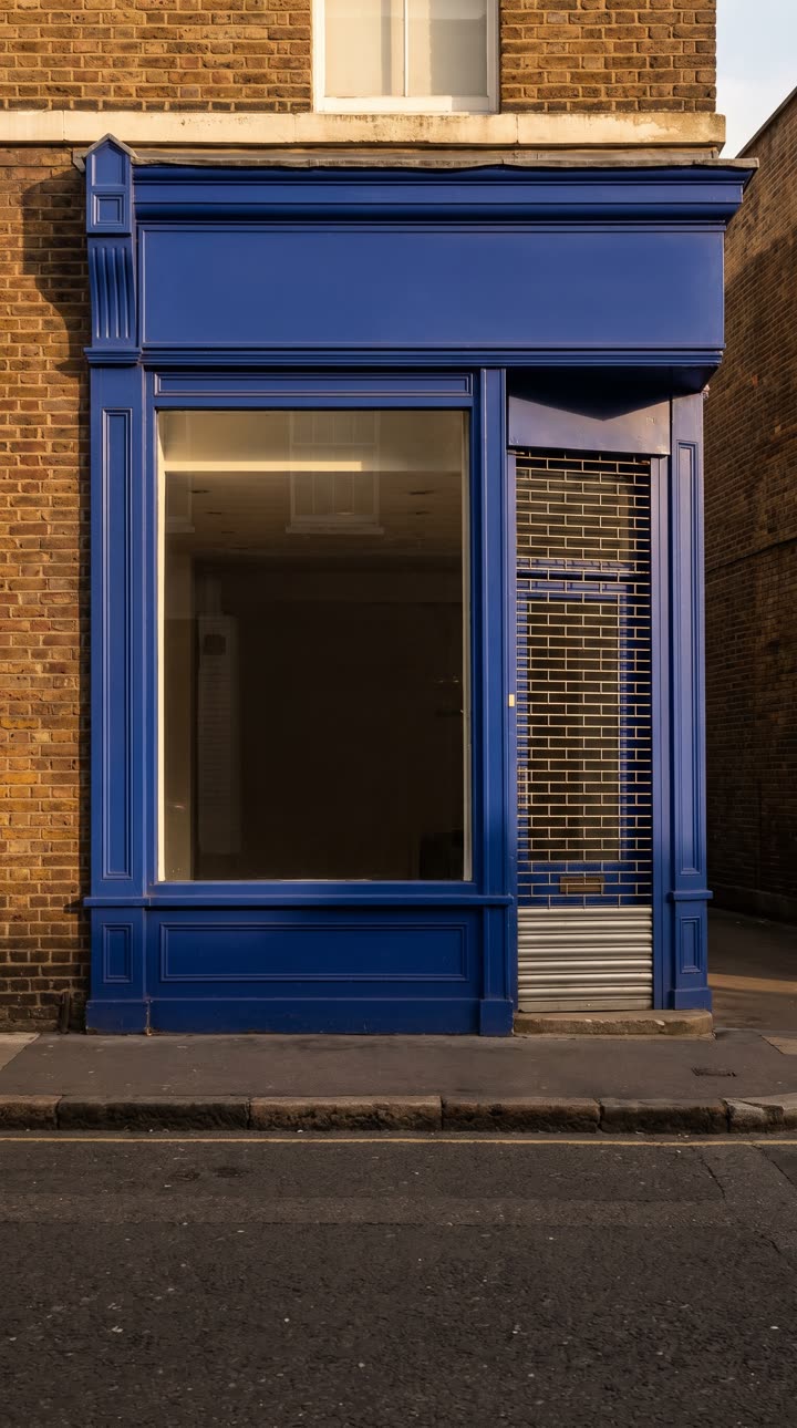 Generated standing set: a royal blue London corner-shop front